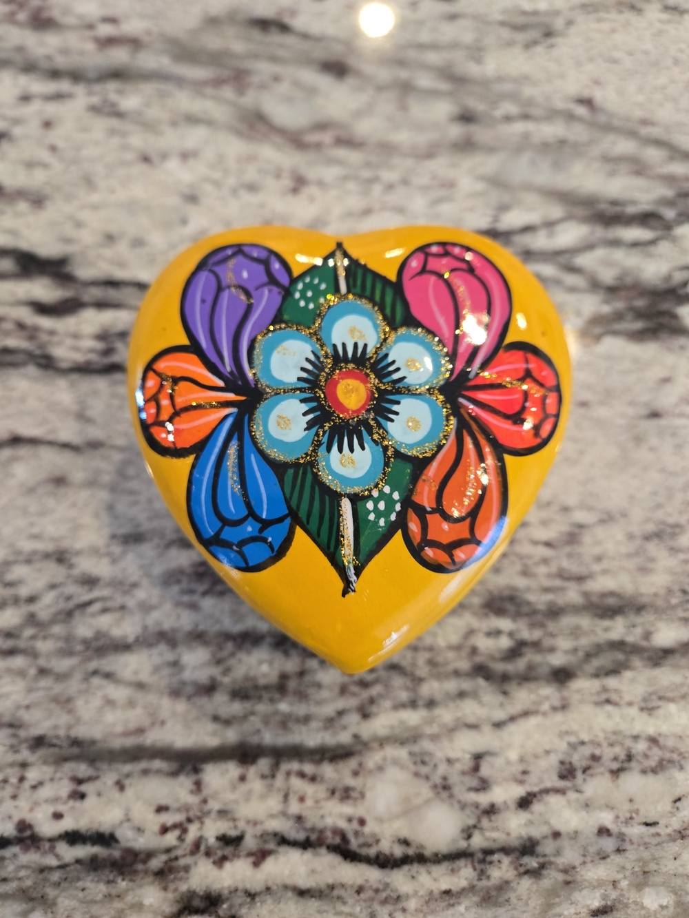 Vintage Mexican Talavera Folk Art Terracota Heart Shaped Trinket Jewelry Box